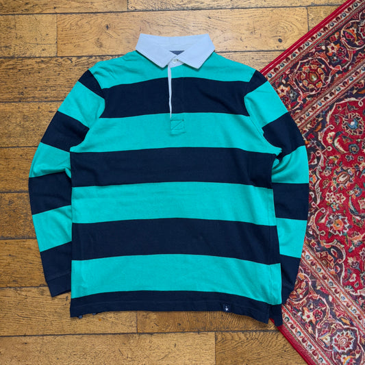Vintage Cotton Traders Green Navy Stripe Rugby Polo Shirt - M