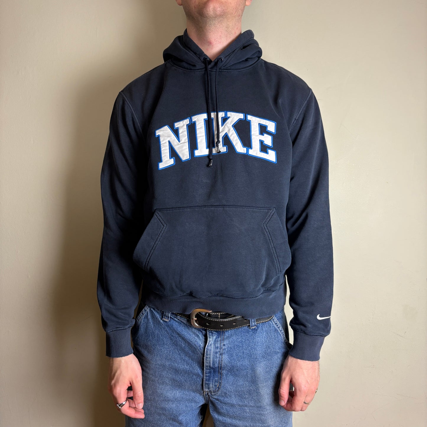 Vintage Nike Navy Spellout Swoosh Embroidered Hoodie Sweatshirt - M
