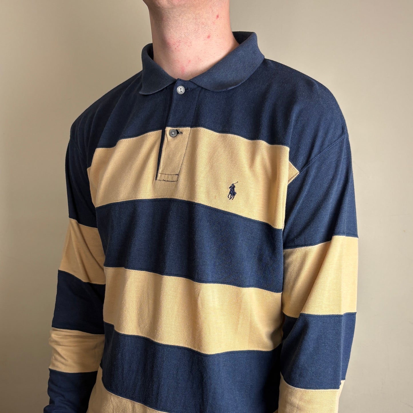 Vintage Ralph Lauren Cream Navy Stripe Rugby Polo Shirt - M