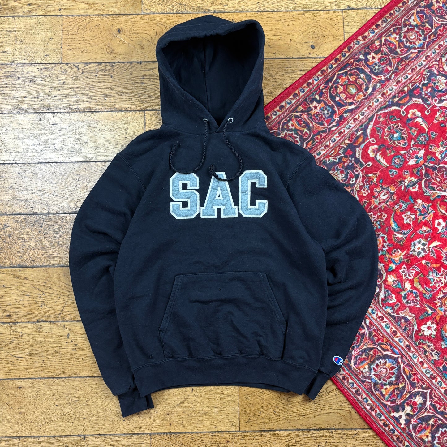 Vintage Champion Black USA College Embroidered Hoodie Sweatshirt - S