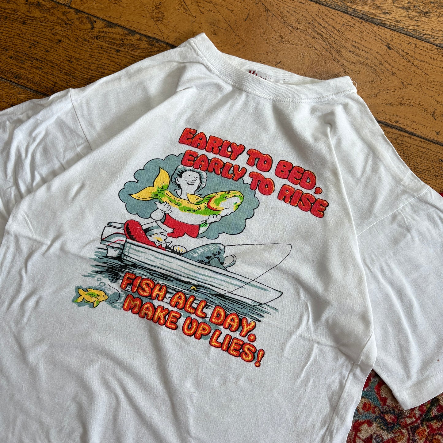 Vintage 90s Fishing Funny White Single Stitch Graphic T-Shirt - S