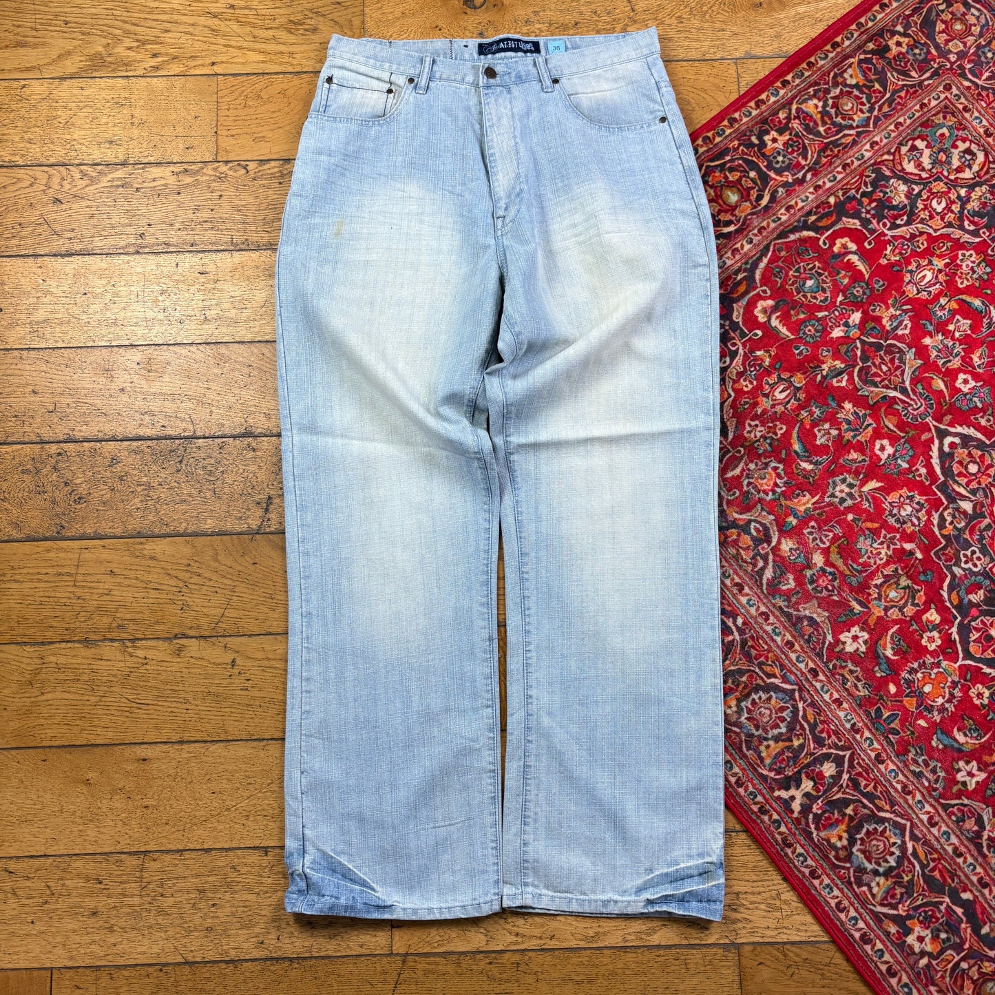 Vintage Blue Embroidered Y2K Hip Hop Baggy Jeans - 36