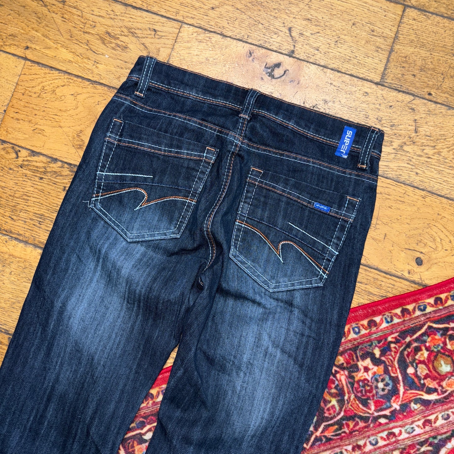 Vintage Navy Embroidered Y2K Hip Hop Straight Jeans - 28L