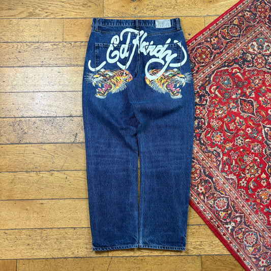 Vintage Ed Hardy Blue Tiger Y2K Hip Hop Baggy Jeans - 34