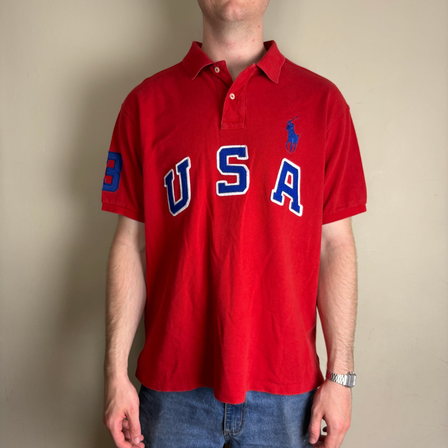 Vintage Ralph Lauren USA Big Pony Red Embroidered Polo Shirt - 2XL