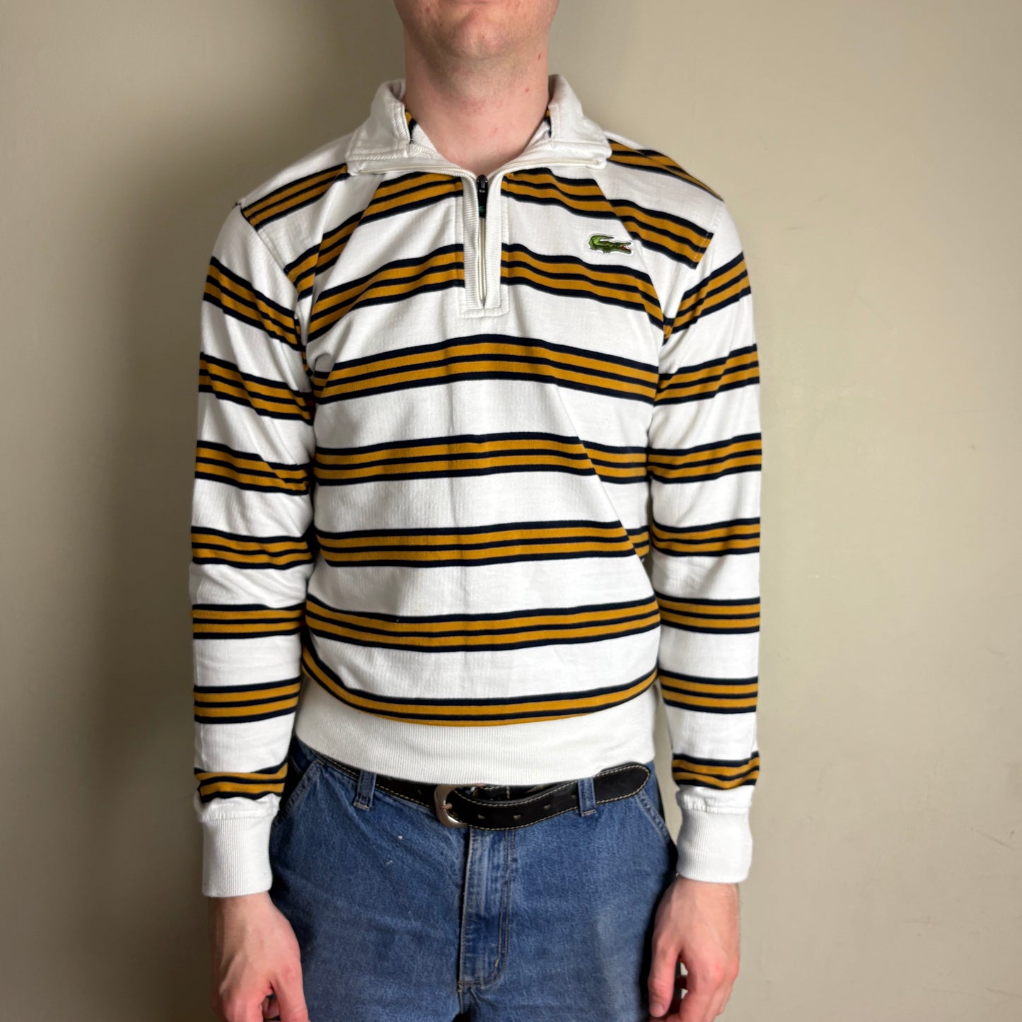 Vintage Lacoste White Navy Stripe Rugby Polo Shirt - S