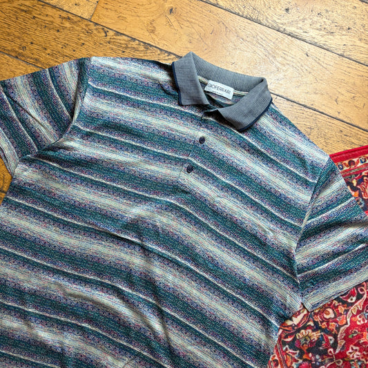 Vintage Stripe Green Pattern Polo Shirt - L
