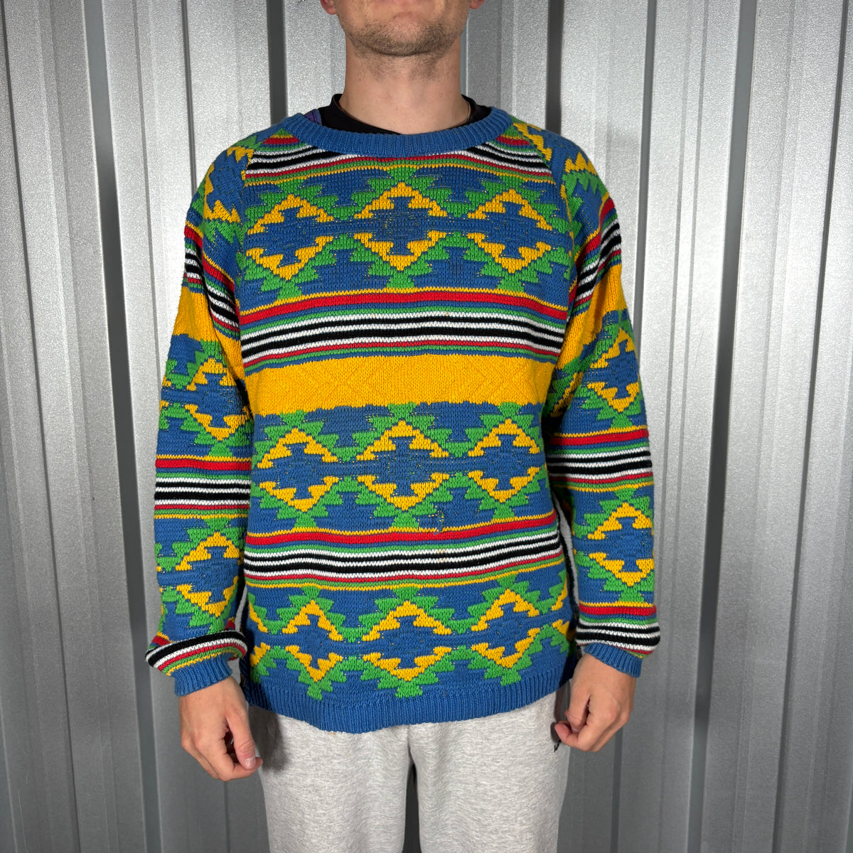 Coogi Style Blue Multi Coloured Knit Pattern Jumper - L