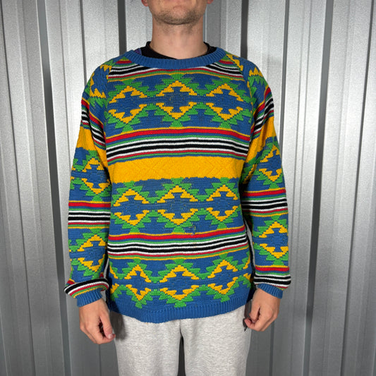 Coogi Style Blue Multi Coloured Knit Pattern Jumper - L