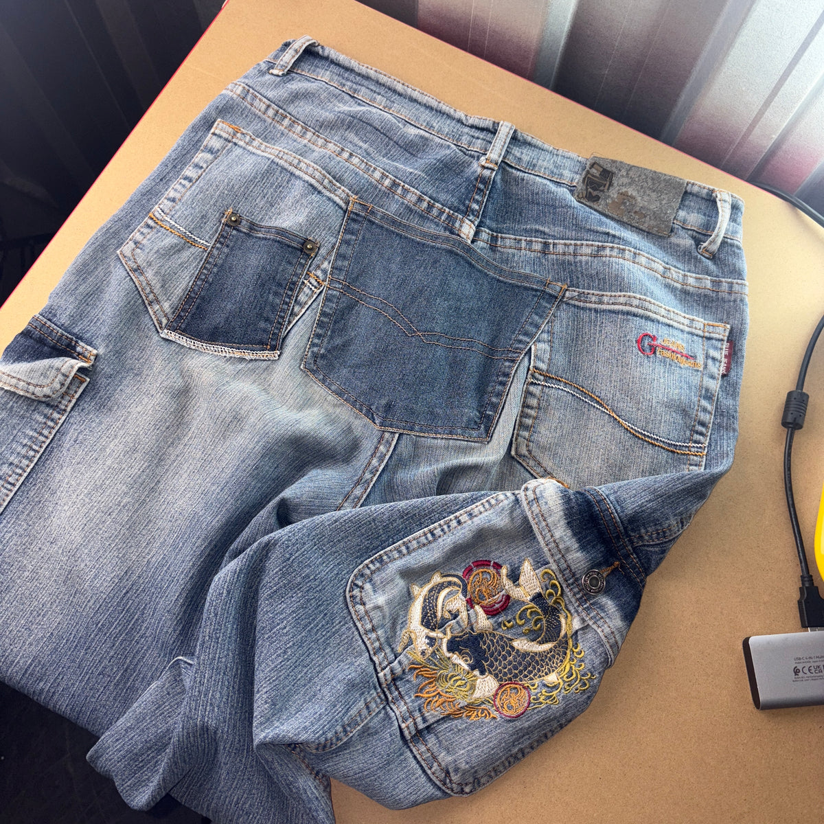 Embroidered Koi Fish Blue Cargo Japanese Denim Hip Hop Y2K Baggy Jeans - 30S
