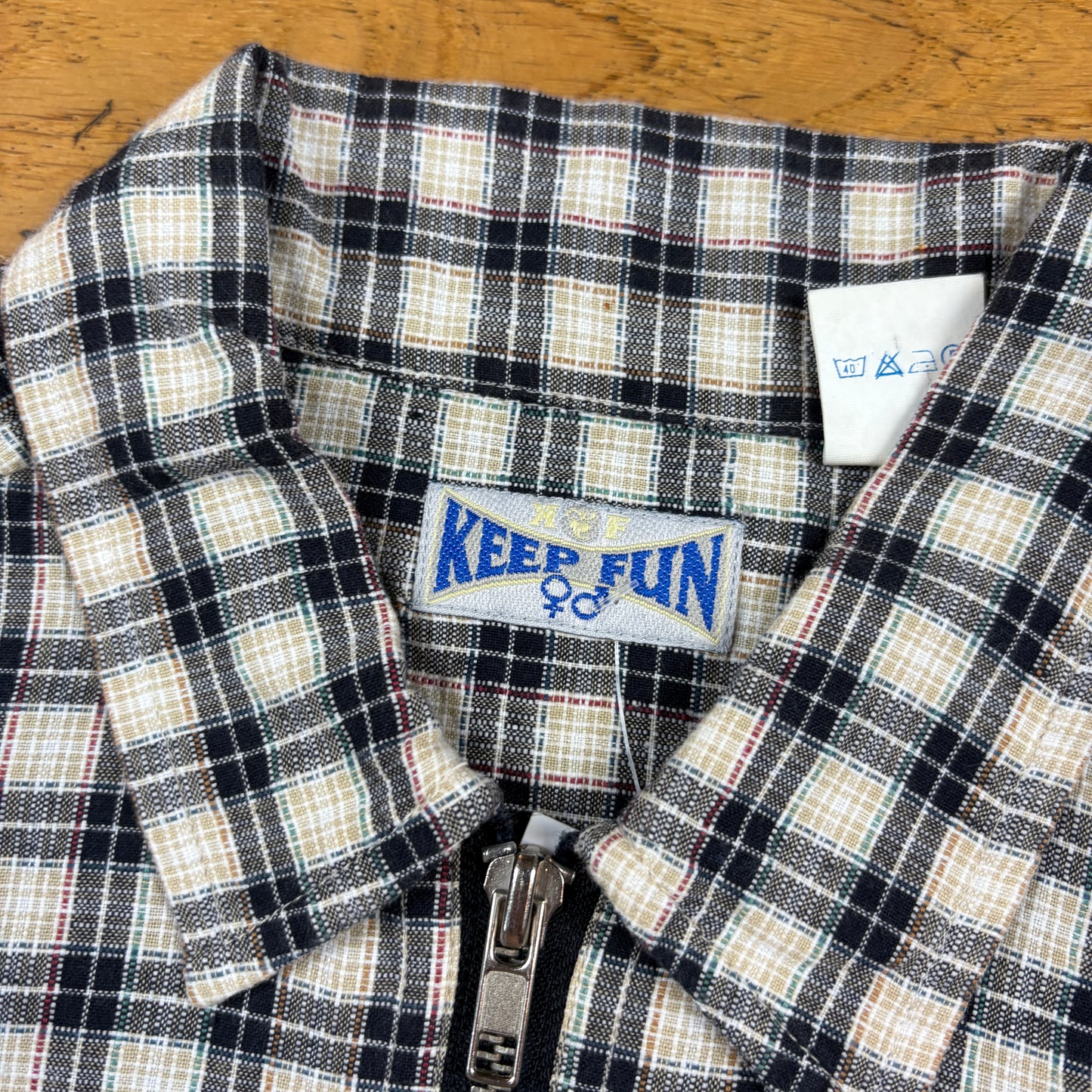 Vintage Keep Fun Cream Black Check Short Sleeve Zip Embroidered Shirt - S