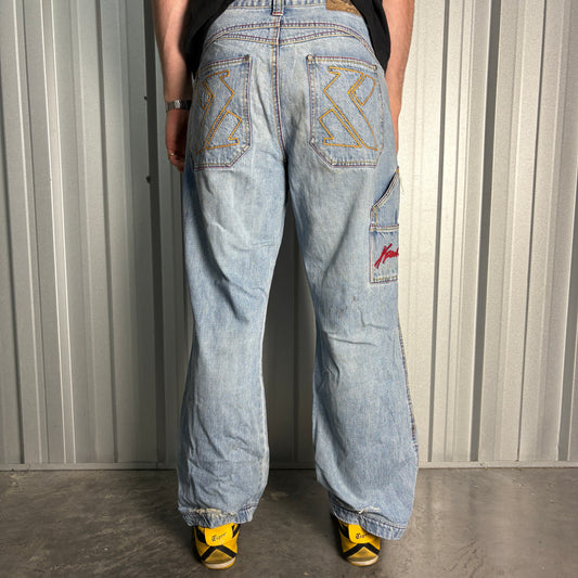 Karl Kani Blue Embroidered Japanese Denim Hip Hop Y2K Baggy Jeans - 34S