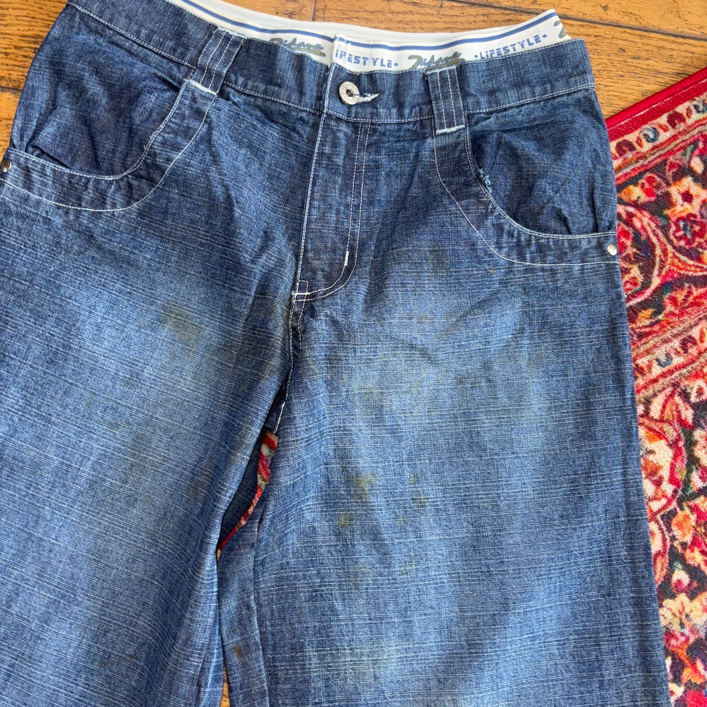 Vintage Zinedine Zidane Y2K Embroidered Hip Hop Blue Baggy Shorts Jorts - 28