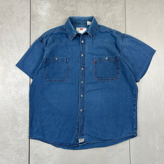 Vintage Levis Short Sleeve Blue Denim Shirt - XL