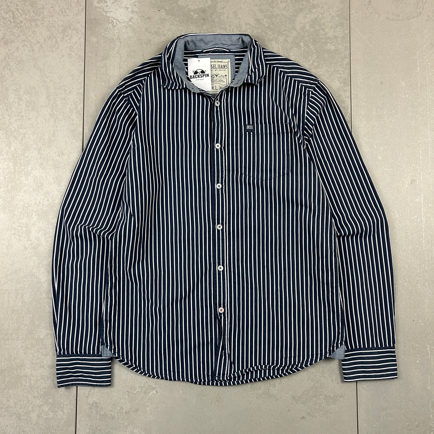 Vintage Diesel Striped Pinstripe Button Up Navy Shirt - M