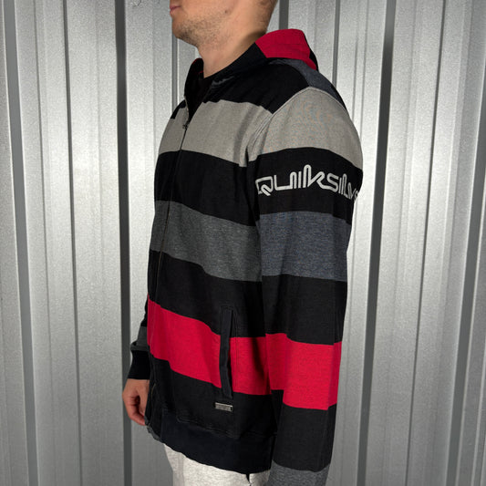 Quiksilver Black Grey Red Stripe Zip Surfwear Hoodie - L