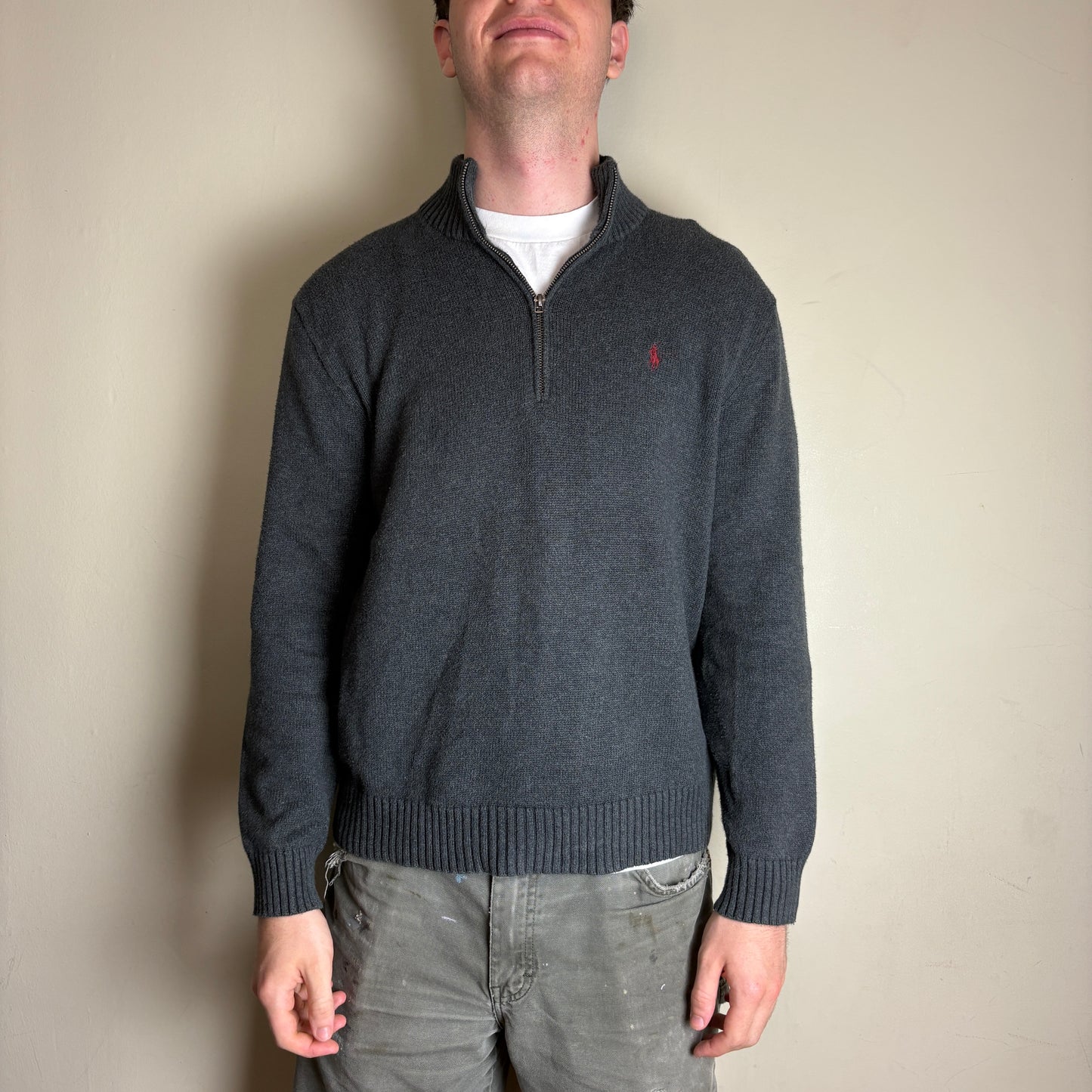 Vintage Ralph Lauren Grey Quarter Zip Chunky Knit Jumper - L