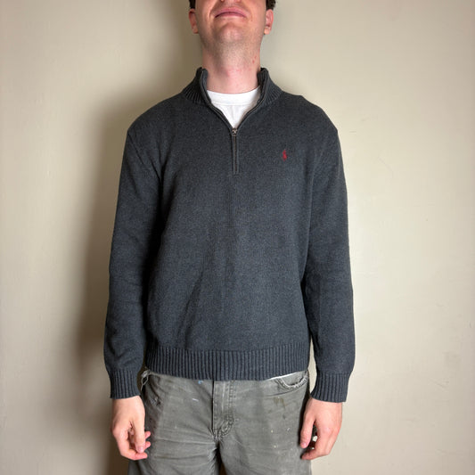 Vintage Ralph Lauren Grey Quarter Zip Chunky Knit Jumper - L
