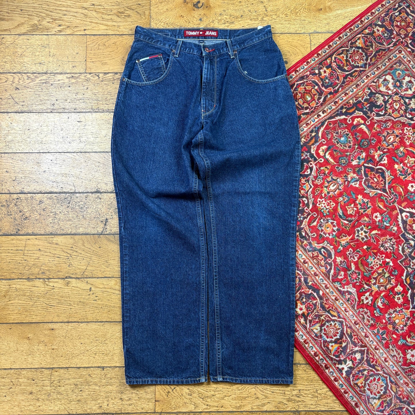 Vintage Tommy Hilfiger Blue Embroidered Y2K Hip Hop Baggy Jeans - 33