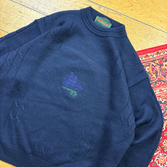 Vintage Navy Embroidered Sailing Chunky Knit Jumper - XL