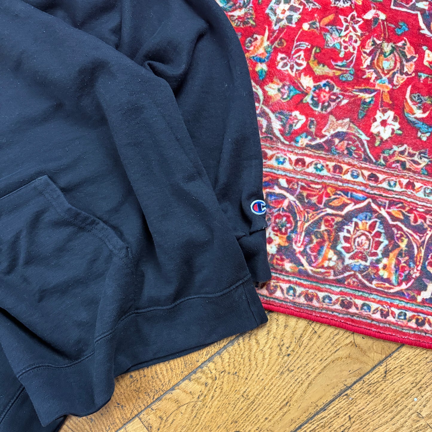 Vintage Champion Black USA College Embroidered Hoodie Sweatshirt - XL