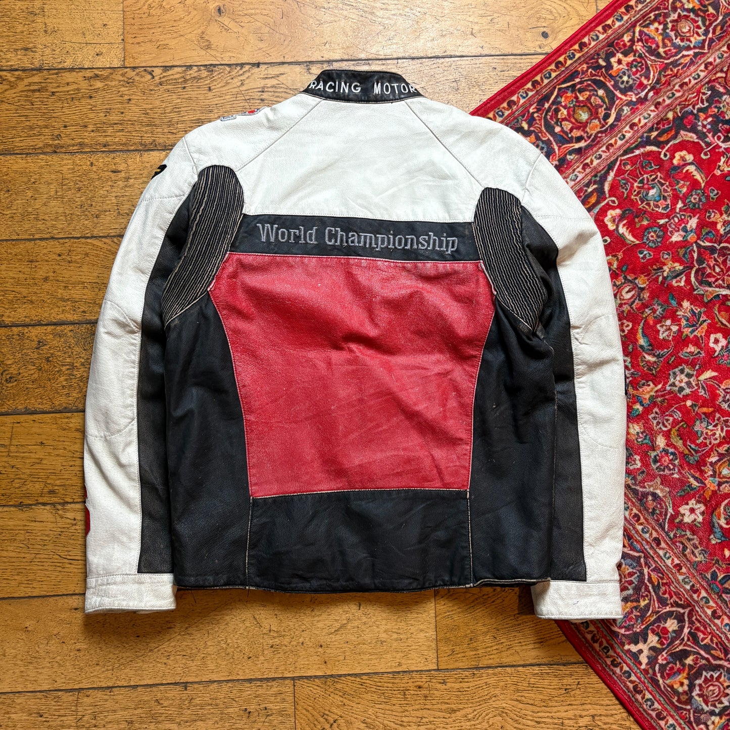 Vintage Red White Motorbike Leather Jacket - M