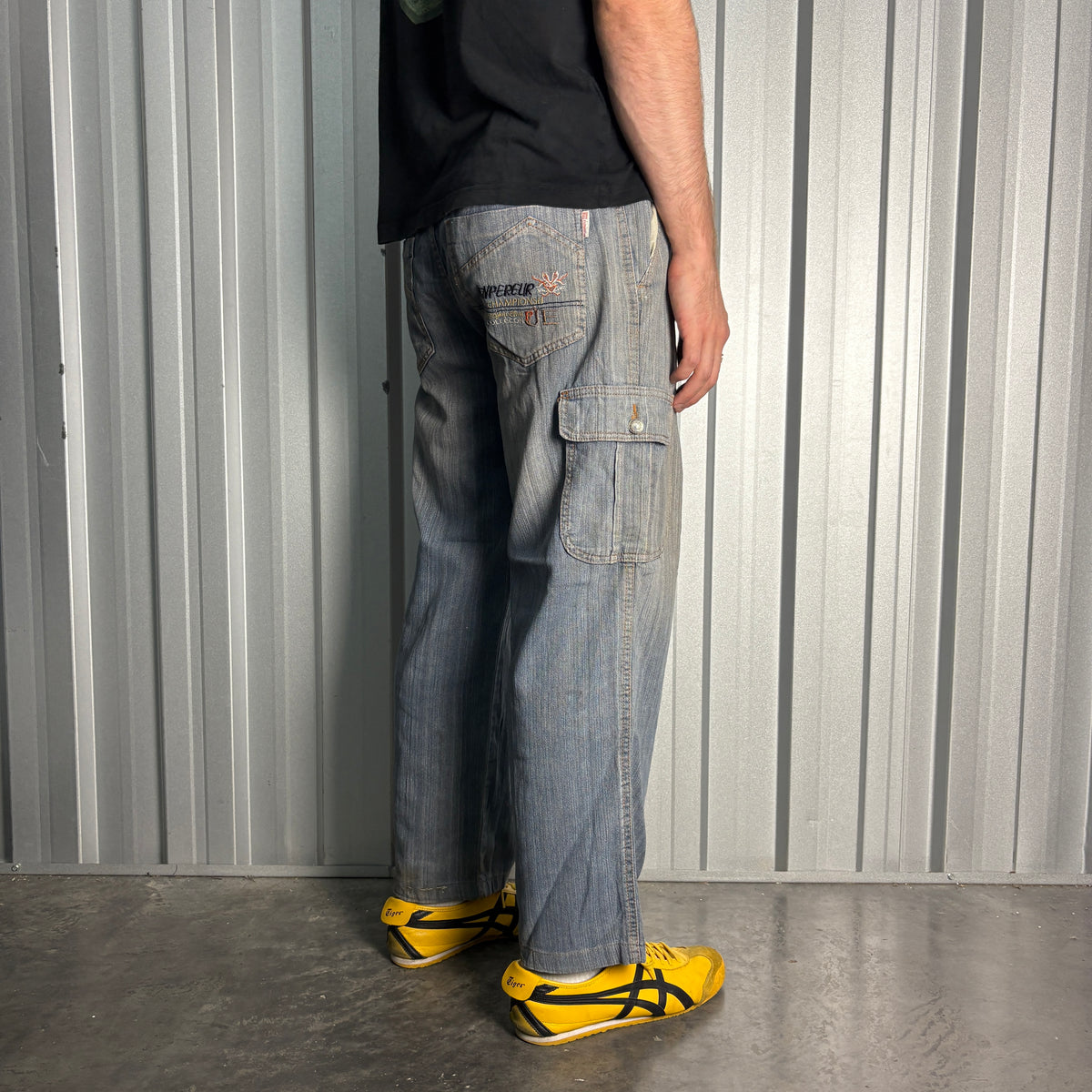 Embroidered Blue Cargo Japanese Denim Hip Hop Y2K Baggy Jeans - 34S