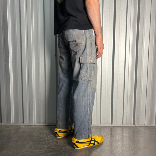 Embroidered Blue Cargo Japanese Denim Hip Hop Y2K Baggy Jeans - 34S