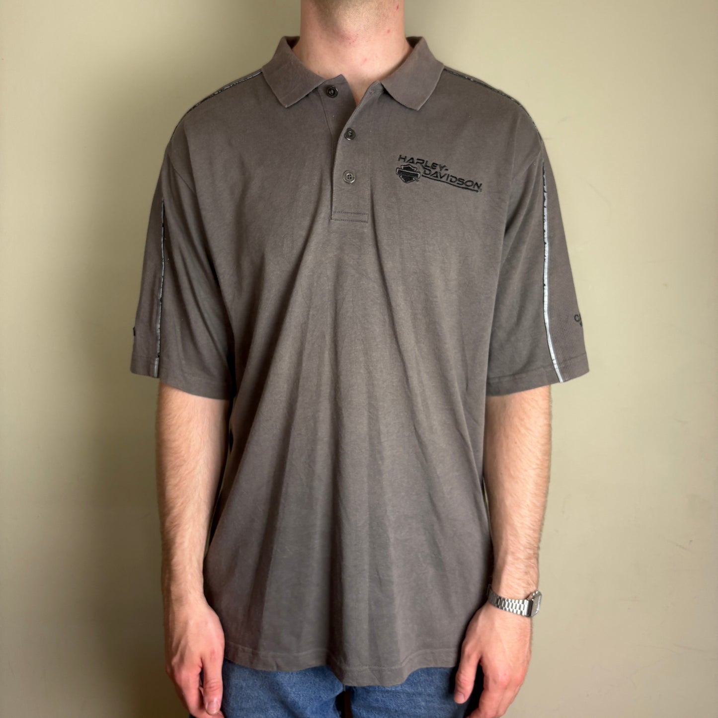 Vintage Harley Davidson Grey Brown Embroidered Polo Shirt - L