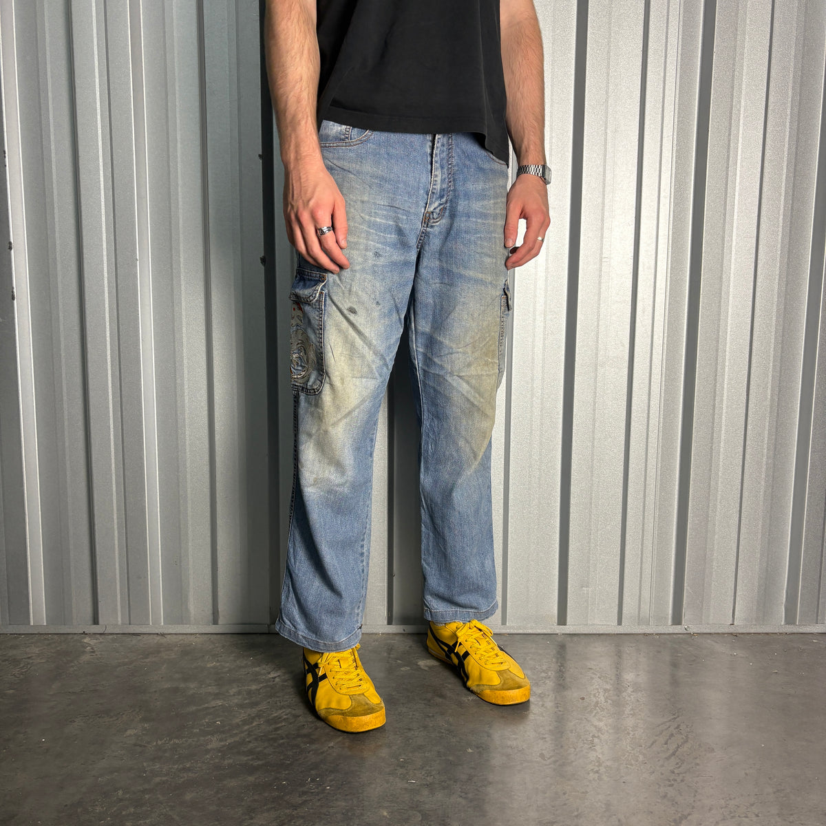 Embroidered Dragon Blue Cargo Japanese Denim Hip Hop Y2K Baggy Jeans - 34S
