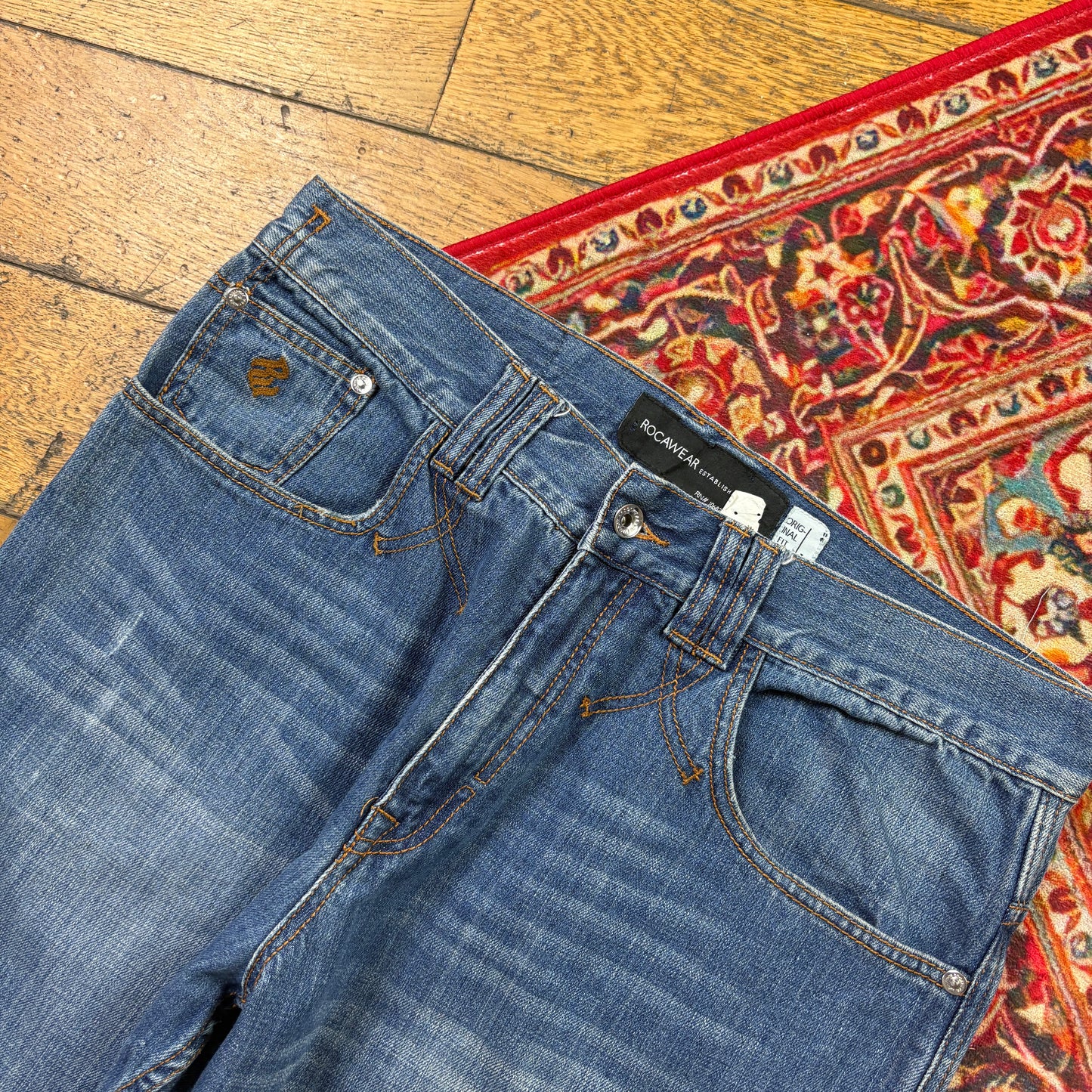 Vintage Rocawear Blue Embroidered Y2K Hip Hop Baggy Jeans - 36