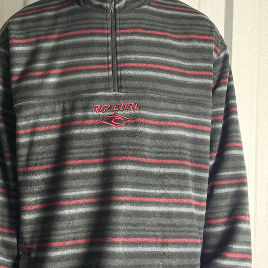 Vintage Rip Curl 00s Y2K Grey Stripe Surfwear Embroidered Fleece Sweatshirt - XL