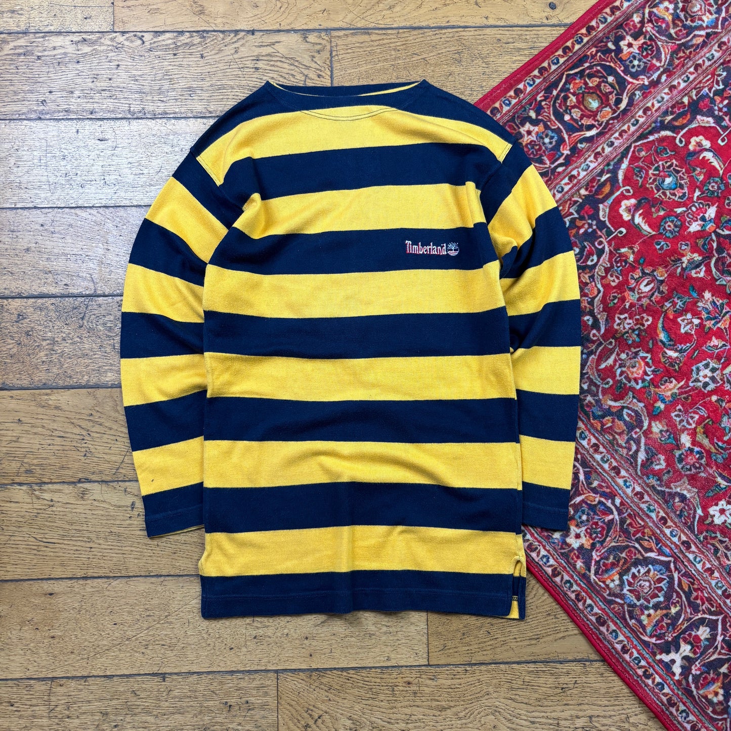 Vintage Timberland Embroidered Yellow Navy Striped Knit Jumper - XS