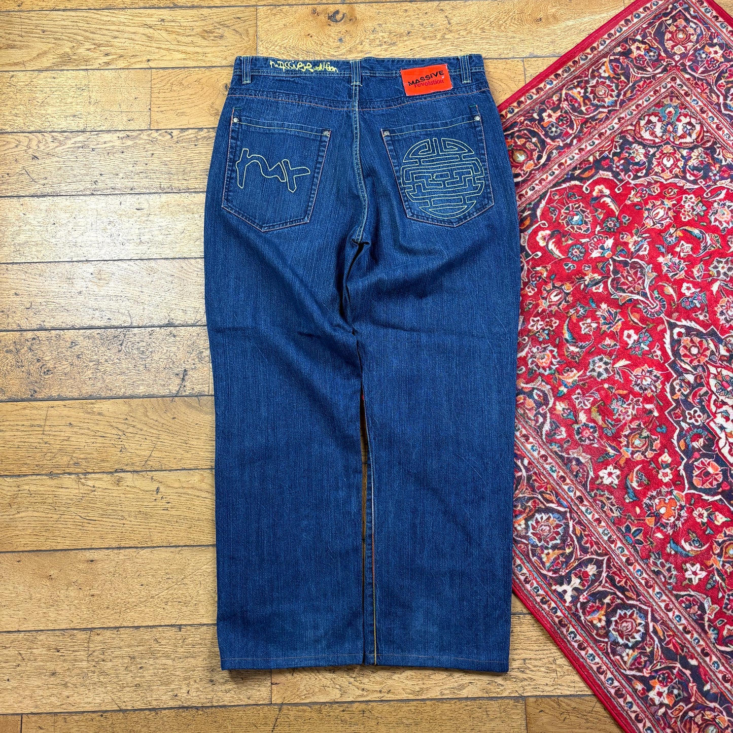 Vintage Blue Embroidered Y2K Hip Hop Baggy Jeans - 38