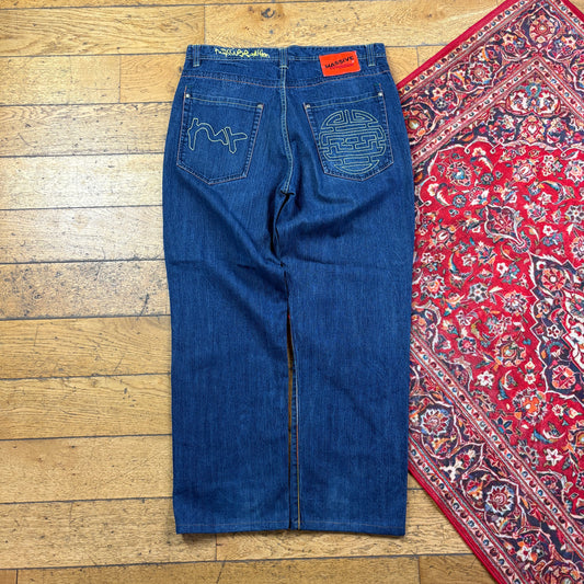 Vintage Blue Embroidered Y2K Hip Hop Baggy Jeans - 38