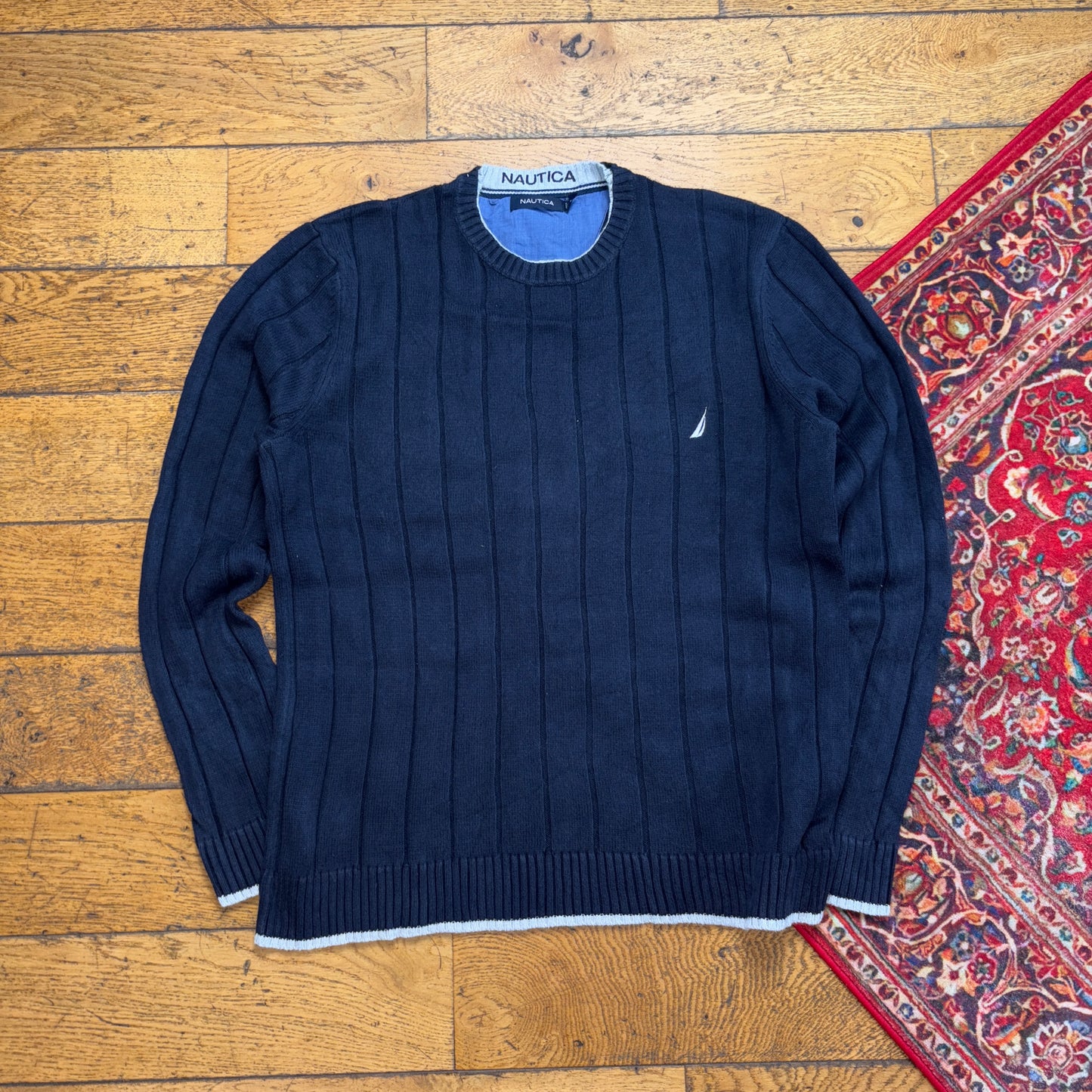 Vintage Nautica Navy Cable Embroidered Knit Jumper - M