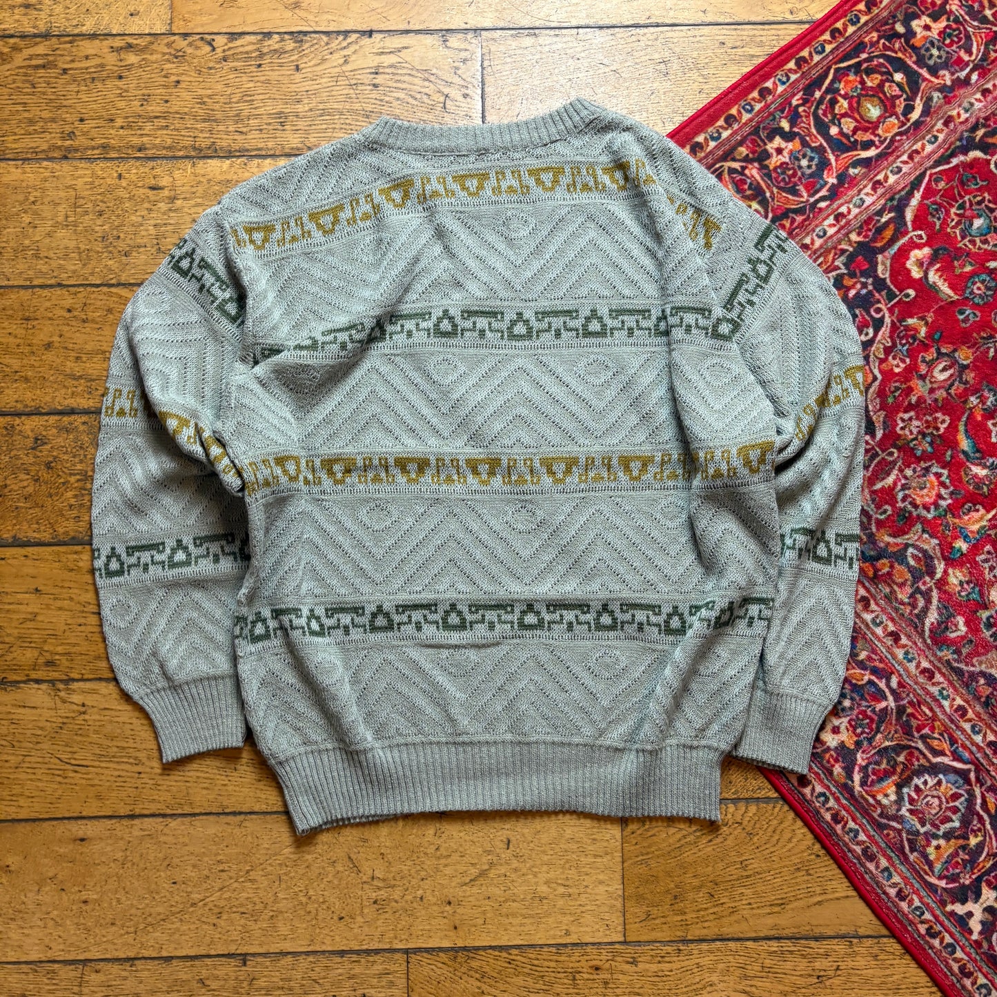 Vintage Grey Pattern Chunky Knit Jumper - L