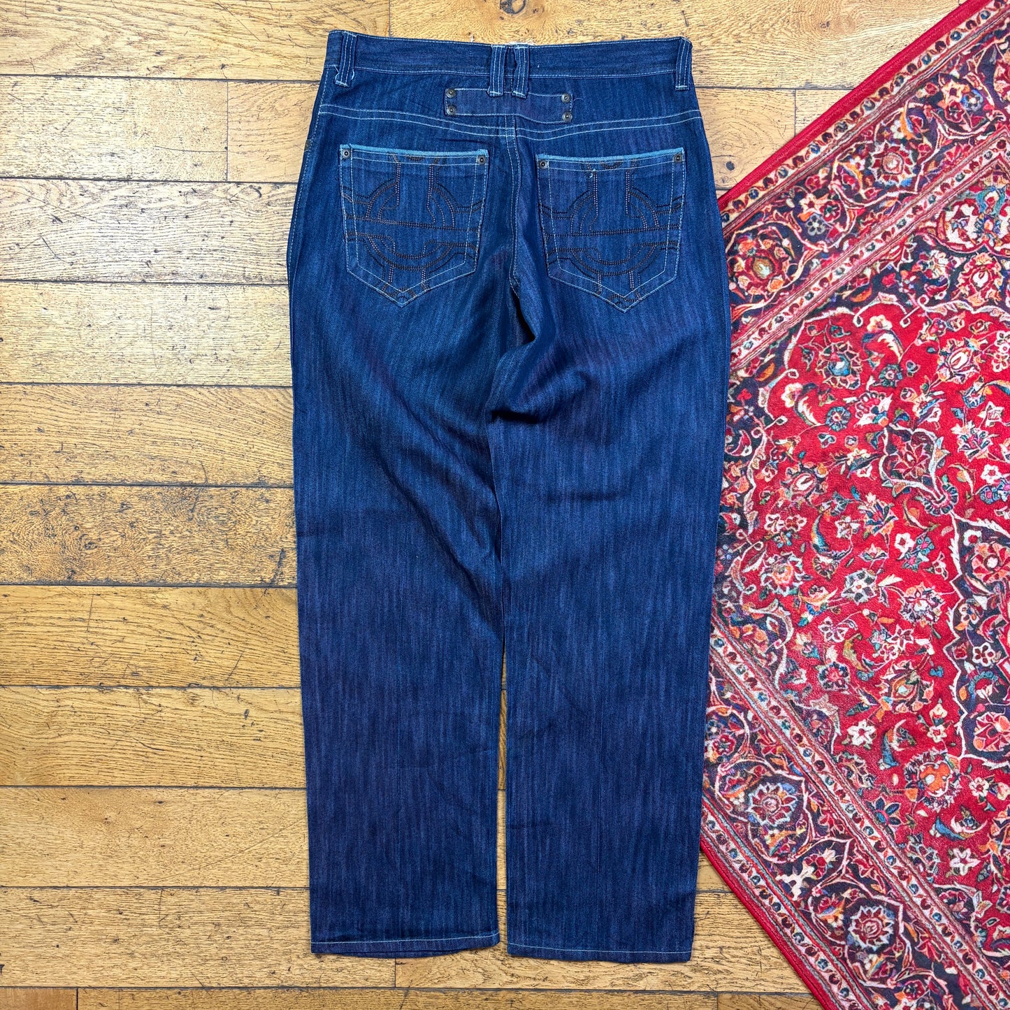 Vintage Blue Embroidered Y2K Hip Hop Baggy Jeans - 36