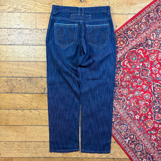 Vintage Blue Embroidered Y2K Hip Hop Baggy Jeans - 36