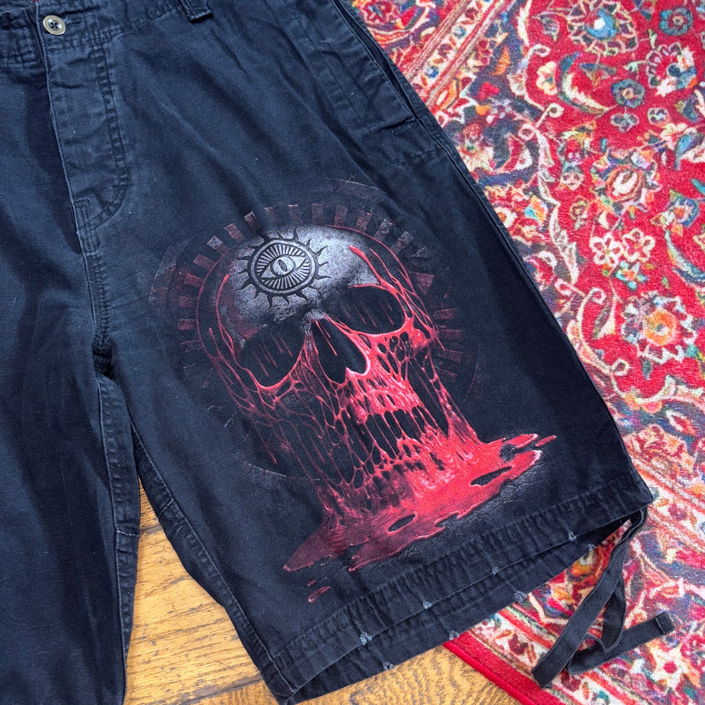 Vintage Black Grunge Punk Y2K Black Cargo Baggy Jeans Shorts Jorts - 36