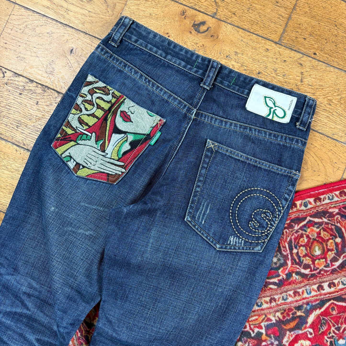 Vintage Seedless Blue Embroidered Y2K Hip Hop Straight Jeans - 32