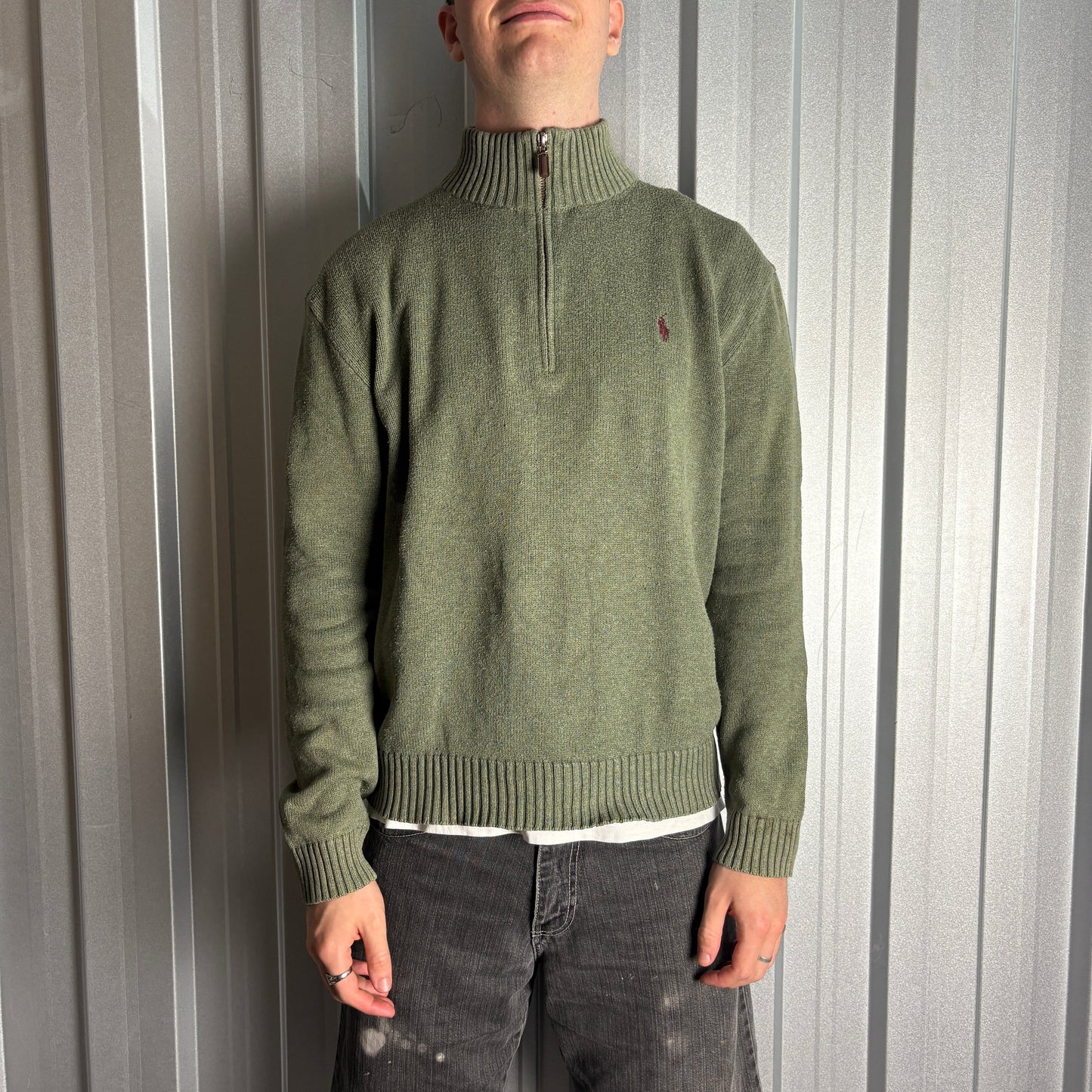 Vintage Ralph Lauren Green Quarter Zip Chunky Knit Jumper - L