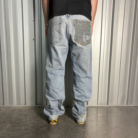 Phat Farm Blue Embroidered Japanese Denim Hip Hop Y2K Baggy Jeans - 36R