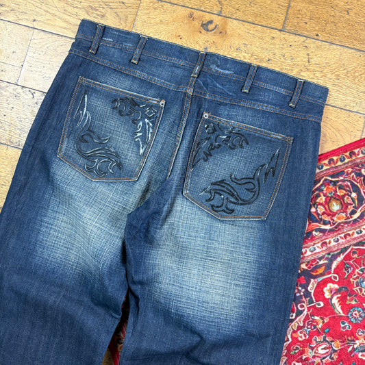 Vintage Blue Embroidered Y2K Hip Hop Baggy Jeans - 40