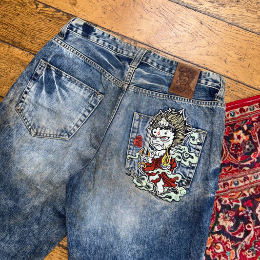 Vintage Jizo Embroidered Japanese Hip Hop Blue Shorts Jorts - 32