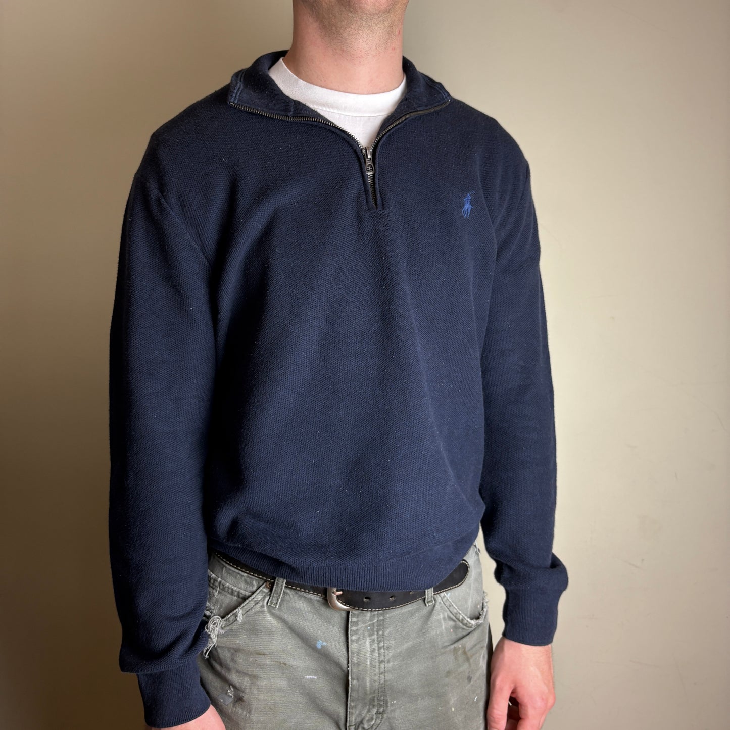 Vintage Ralph Lauren Quarter Zip Navy Knit Jumper - L