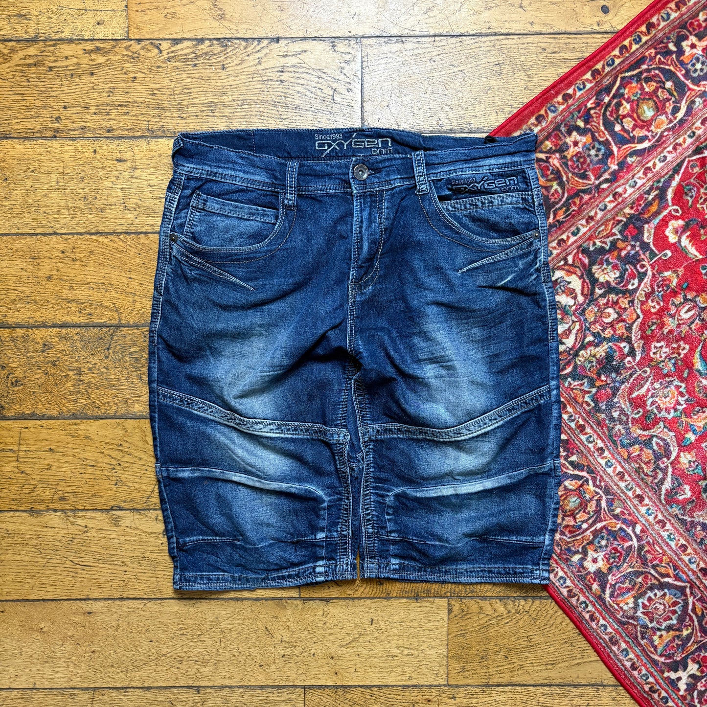 Vintage Blue Double Knee Denim Shorts - 36