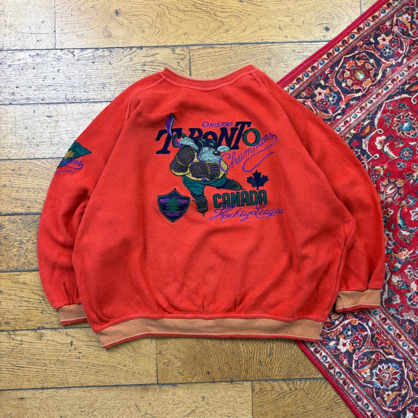 Vintage 90s Canada Hockey Orange Boxy Embroidered Sweatshirt - L