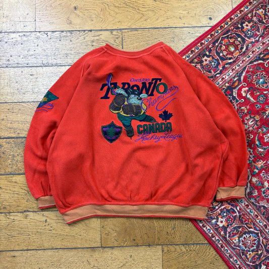 Vintage 90s Canada Hockey Orange Boxy Embroidered Sweatshirt - L