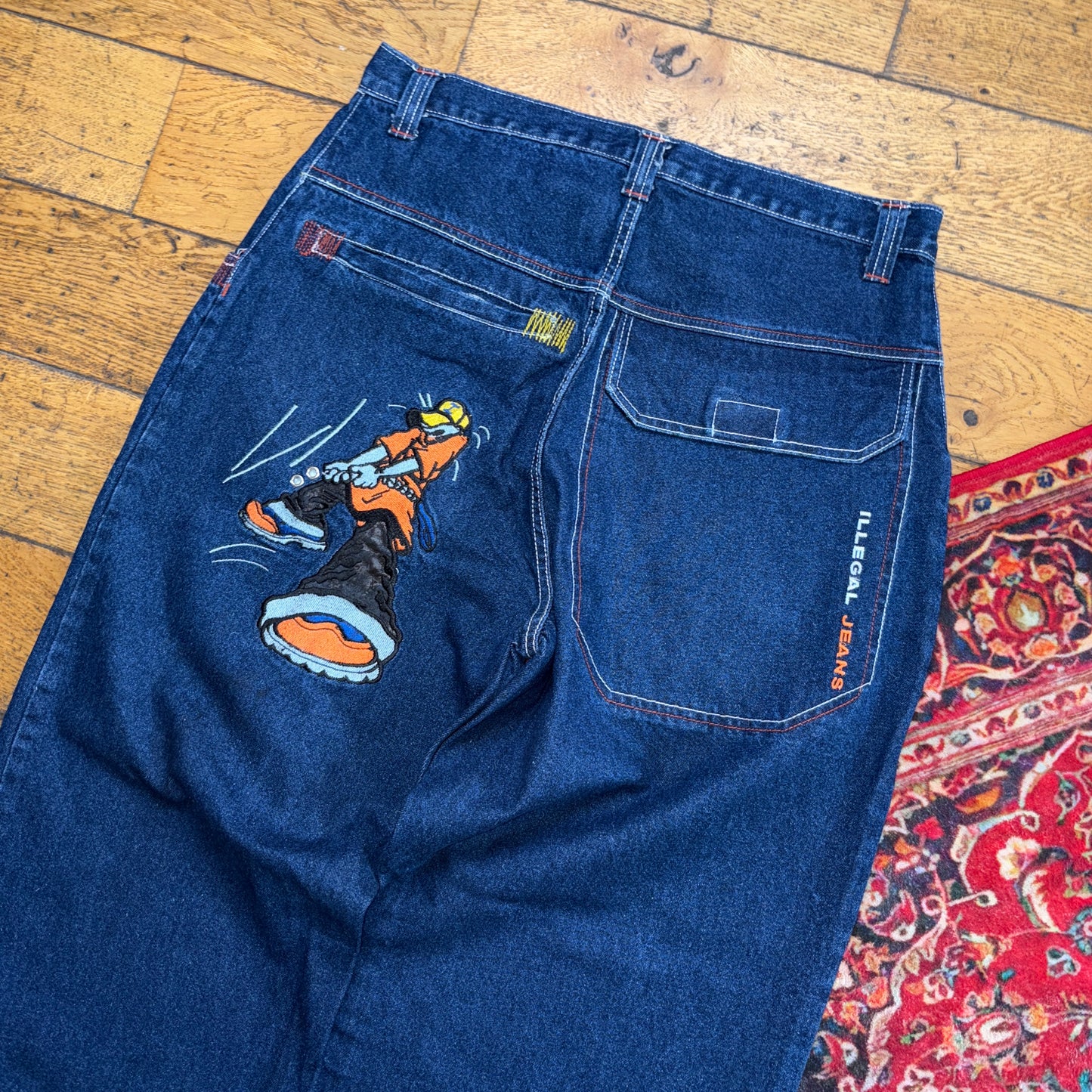 Vintage Illegal Jeans JNCO Style Blue Embroidered Y2K Hip Hop Baggy Jeans - 34S